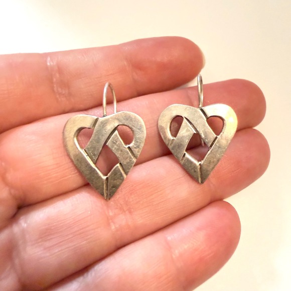 Jewelry - Vintage Sterling Silver Heart Earrings Geometric Drop 925 Shepherd Hook 5.3g